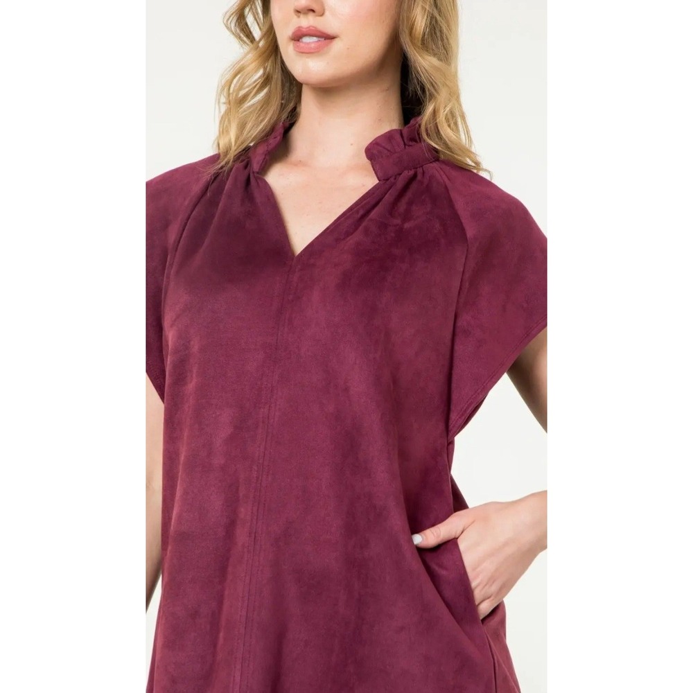 THML Faux Suede Shift Dress Womens L Burgundy NEW Ruffle Neck Pockets Mini